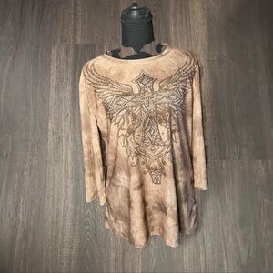 Lady Noiz Rhinestone Cross Tee Brown Size Large Y2K